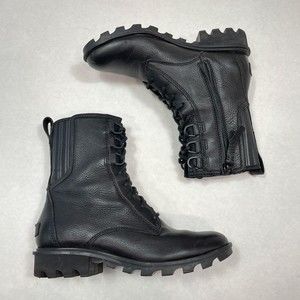 Sorel Phoenix Lace-Up Boots Womens Size 8 Black Combat Leather Waterproof NL3003